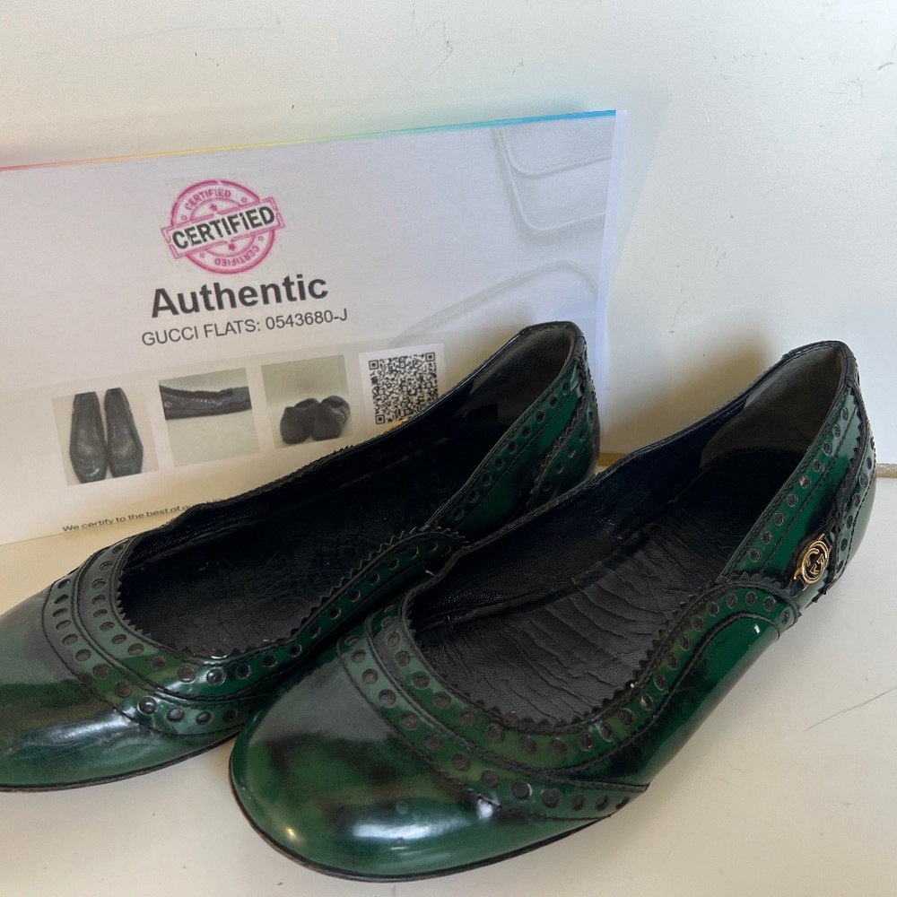 Authentic Gucci Women's Wimbledon 226011 Green Leather Ballet Flats Size 37 US 7